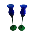Pair of Blue and Green Glass Long Stem Tulip Candle Holders
