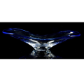 Stunning Large Cut Glass boat shaped bowl with etched leaf design with cobalt blue rim
