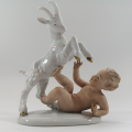 Early 20th century German Wellendorf Porcelain Figurine Bisque Putti with Billy Goat