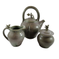 Green Glazed pottery Hand Made Tea Pot Milk Jug and Sugar Bowl