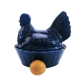 Large Vintage Dark Blue Glazed Chicken / Hen Nest Lidded Dish