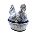 Large Vintage Blue and White Glazed Chicken / Hen Nest Lidded Dish