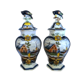 Pair Dutch Delft Polychrone Covered Vases Pottery Delft Garniture Vases with Parrots 19th