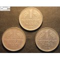 Germany 1970, 1973 and 1975 1 Deutsche Mark (Three Coins) Circulated