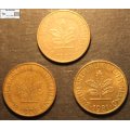 Germany 1970, 1980 and 1981 10 Pfennig (Three Coins) Circulated.