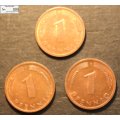 Germany 1971, 1972 and 1973 1 Pfennig (Three) Coins EF40 Circulated.
