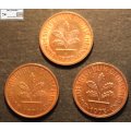 Germany 1971, 1972 and 1973 1 Pfennig (Three) Coins EF40 Circulated.
