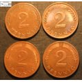 Germany 1968, 1976 and 2 x 1979 2 Pfennig (Four) Coins EF40 Circulated.