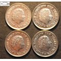 Netherlands 1971/1974/1977/1979 25 Cent Coin (Four) EF40