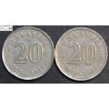 Malaysia 1988 20 Sen Coin (Two Coins) Circulated