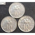 Malaysia 1990x2 / 2001 10 Sen Coin (Three Coins) Circulated