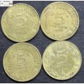France 5 Centimes /1966x2/1969/1977 Coins (Four) VF30 Circulated