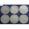 France 20 Centimes 1963 x2 / 1964 x3/ 1967 Coins (Six) VF30 Circulated