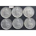 Switzerland 1/2 Franc 2x1969/2x1970/1971/1972 Coins (Six) EF40 Circulated