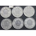 Switzerland 1/2 Franc 2x1974/1975/1978/1984/1988 Coins (Six) VF30 Circulated