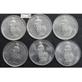 Switzerland 1/2 Franc 2x1974/1975/1978/1984/1988 Coins (Six) VF30 Circulated
