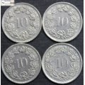 Switzerland 10 Rappen 1955/1969/1970/1972 (Four Coins) Circulated