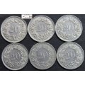 Switzerland 20 Rappen 2x1970/1975/1980/1985/1986 Coins (Six) EF40