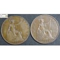 United Kingdom One Penny 1921 / 1929 Coin (Two) F12 Circulated