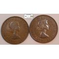 United Kingdom 1 Penny Coin 1964 and 1965 (Two Coins) Circulated