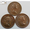 South Africa 1/4 Penny Coin 1957x2 and 1959 (Three) Farthing VF20 Circulated