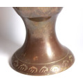 Vintage Pair of Engraved Tall Copper Footed Vases