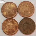 United Kingdom 1 Penny 1986/1992/1993/1996 Coin (Four) EF40 Circulated