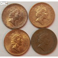 United Kingdom 1 Penny 1986/1992/1993/1996 Coin (Four) EF40 Circulated