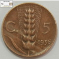 Italy 5 Centesimi Coin 1936 Circulated
