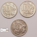 Australia 10 Cent Coin 2005 and 2006x2 (Three Coins) XF40 Circulated