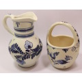 Pair Of Vintage Delft Porcelain Ornaments, Water Pitcher and Fruit Basket