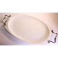 Large White Porcelain Oval Serving Platter With Stainless Steel Handles
