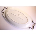 Large White Porcelain Oval Serving Platter With Stainless Steel Handles