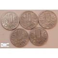 Austria 1962/4/5/6 10 Groschen (Five CoinsCirculated