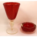 Red Goblet and Small Red Bowl Bubble or Bolle Glass