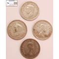 South Africa 3 Pence 1949/1952/2x1956/ Coins Tickeys (Four) F12