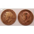 United Kingdom One Penny 2 x 1917 (Two coins)  Circulated