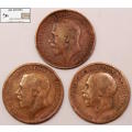 United Kingdom One Penny 1x1918 and 2x1920 (Three Coins) Circulated