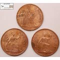 United Kingdom 1 Penny Coin 1963, 1964 and 1967 (Three Coins) Circulated