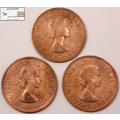 United Kingdom 1 Penny Coin 1963, 1964 and 1967 (Three) VF-20 Circulated