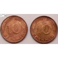 Germany  10 Pfennig 2 x 1980 (Two) Coins XF40 Circulated
