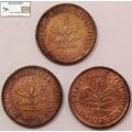Germany 5 Pfennig 2 x 1950 and 1 x 1978 (Three Coins) Circulated