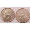 United Kingdom 10 New Pence 1970 and 1979 Coins (Two Coins) XF40 Circulated