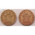 United Kingdom 3 Pence 1942 and 1945 Coins (Two Coins) Circulated
