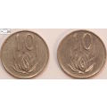 South Africa 10 Cent 1965 and 1982 (Two Coins) Circulated