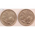 South Africa 20 Cent 1978 and 1987 x 2 (Two) Coins XF40 Circulated