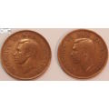 South Africa 1 Penny 1942 x 2 (Two Coins) Circulated