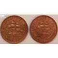 South Africa 1/2 Penny 1955 & 1958 Coins (Two) VF20 Circulated
