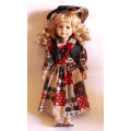 Hand Painted Porcelain Doll With Country & Western Quilt Style Dress and Denim Jacket Outfit
