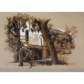 Rare Original Diluted Oil & Ink Mixed-Media Watermill Painting by South African Artist Ted Hoefsloot